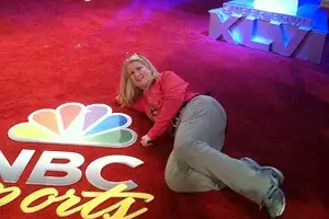 Sue Kuehnhold stops for a photo following VIP party hosting duties during the Super Bowl festivities.